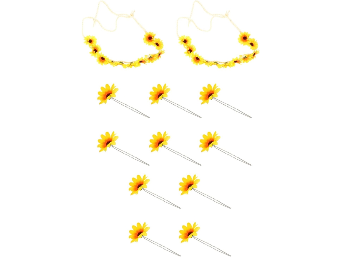 Conjunto de 12 acessórios para cabelo com delicada faixa de cabeça em tecido com estampa de girassol.