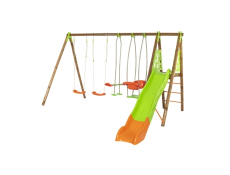 Multi-Atividades TRIGANO JARDIN Pórtico Madeira-Metal com 2 Baloiços + 1 Assento Frente a Frente + 1 Cesto + 1 Plataforma com Escorrega J-18861P4