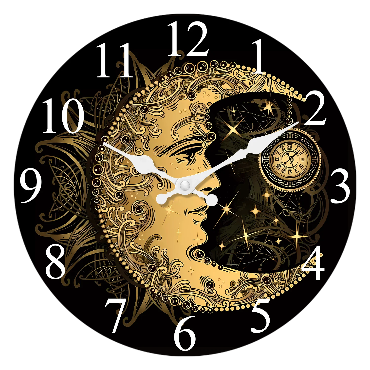 Relógio De Parede De Madeira Artístico (30 Cm) Com Sol, Lua E Céu Estrelado, Silencioso E Com Mecanismo De Quartzo.