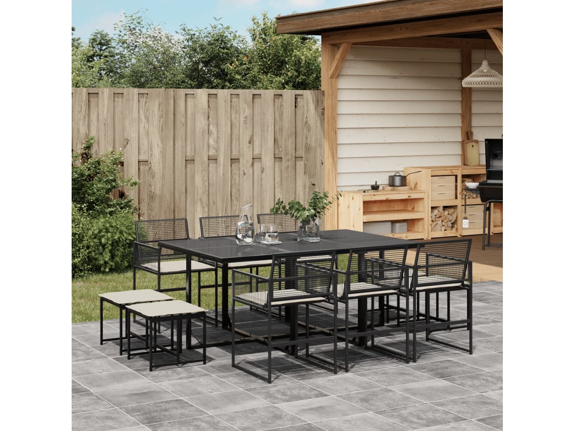 Vidaxl 11 Pcs Conjunto De Jantar P/ Jardim C/ Almofadões Vime Pe Preto