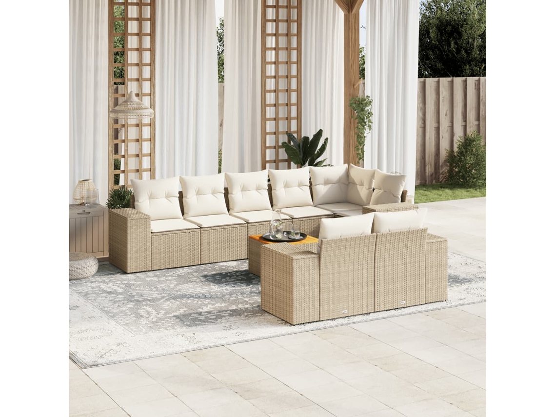 9 Pcs Conjunto De Sofás P/ Jardim Com Almofadões Vime Pe Bege Dkd Home Decor