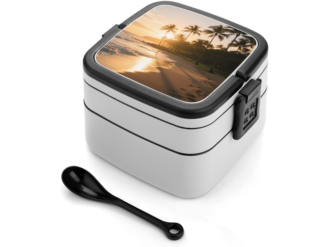 Marmita Bento Sunset Coconut Coast De Camada Dupla Para Adultos Com Colher E Alça, À Prova De Vazamentos, Marmita