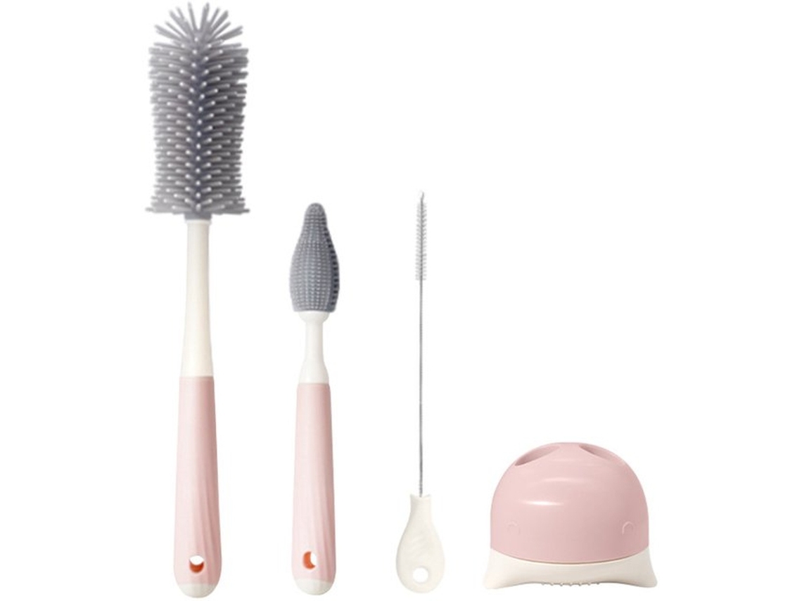 Conjunto De 4 Escovas Para Biberões, Com Base, Silicone, Sem Bpa, Rosa