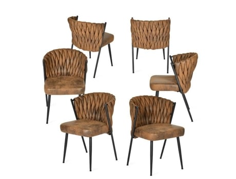Conjunto De 6 Cadeiras De Jantar Estilo Industrial, Assento Acolchoado, Pés De Metal Preto, Marrom Meubles Cosy