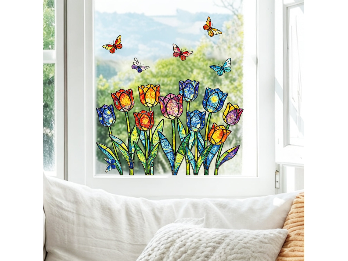 Adesivos Eletrostáticos Removíveis Para Janelas, Com Tulipas E Borboletas Ao Estilo De Van Gogh.