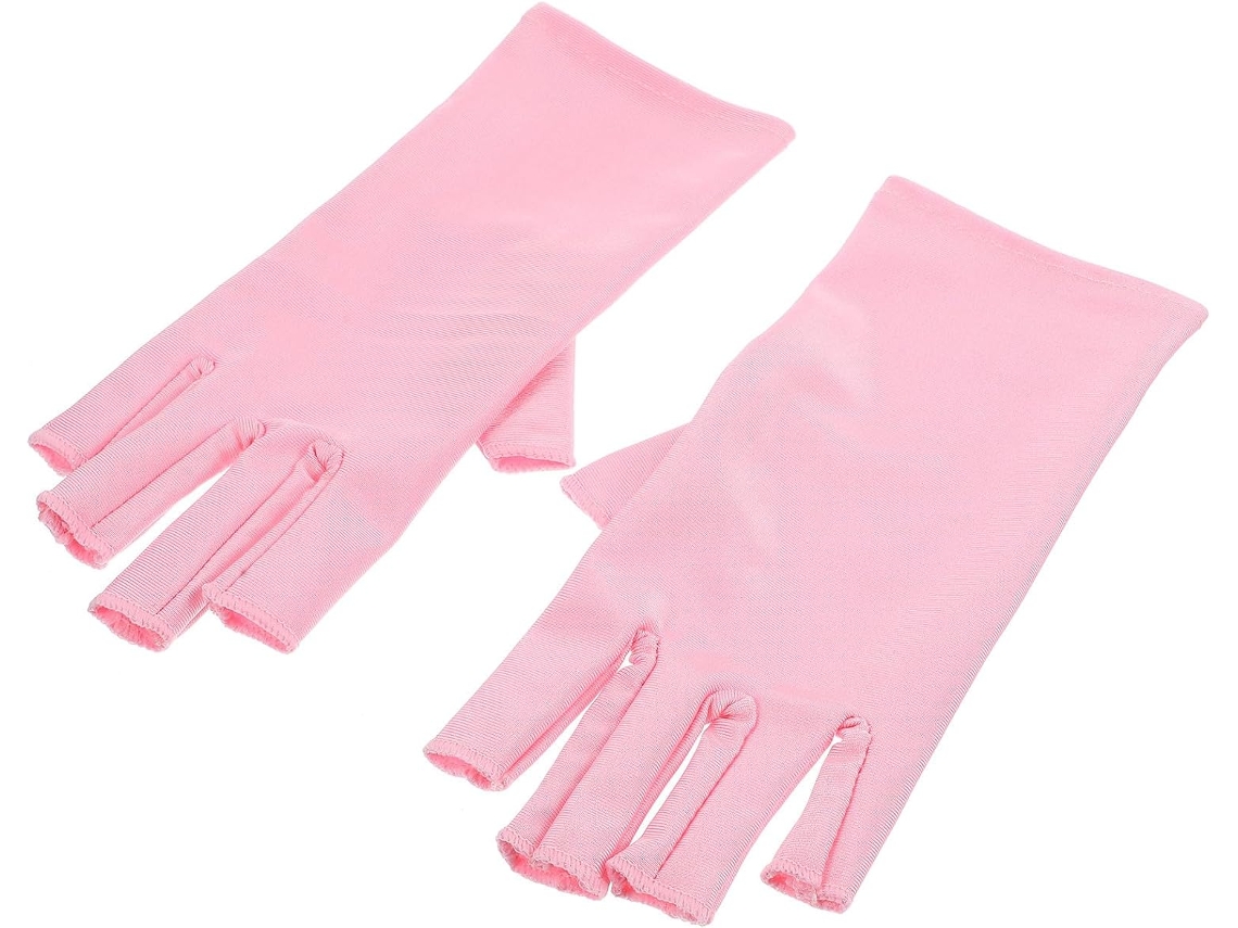 Luvas de manicure rosa em elastano com proteção UV, conforto e flexibilidade.