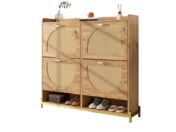 Sapateira MOBRIO 4 Portas com Rattan, Estrutura Metálica e Prateleira Superior Carvalho Claro (108,5x24x100 cm)