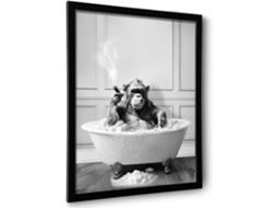 Arte De Parede Decorativa Emoldurada Para Banheiro, Chimpanzé Na Banheira, Arte De Parede Em Preto E Branco Zeuxo