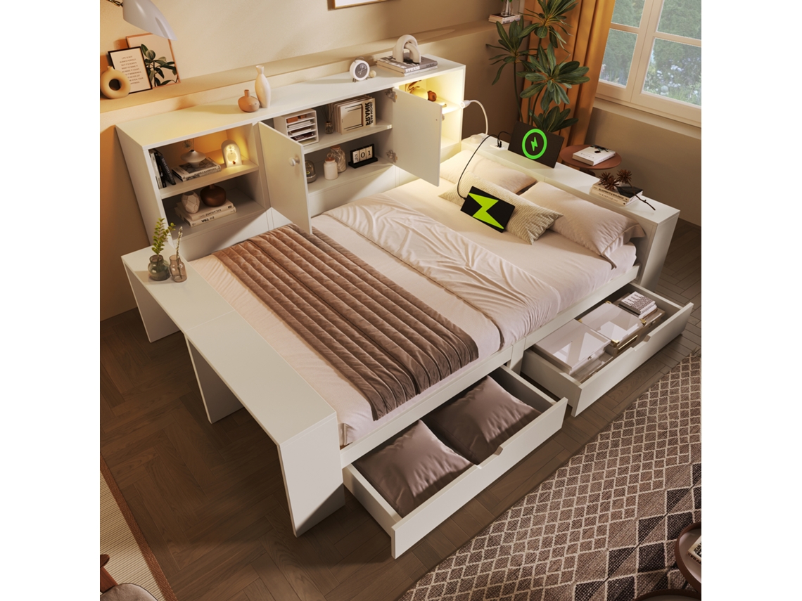 Cama de arrumação branca 140x200 Cm com gavetas, portas integradas, Usb, design compacto, sem colchão VSOGA