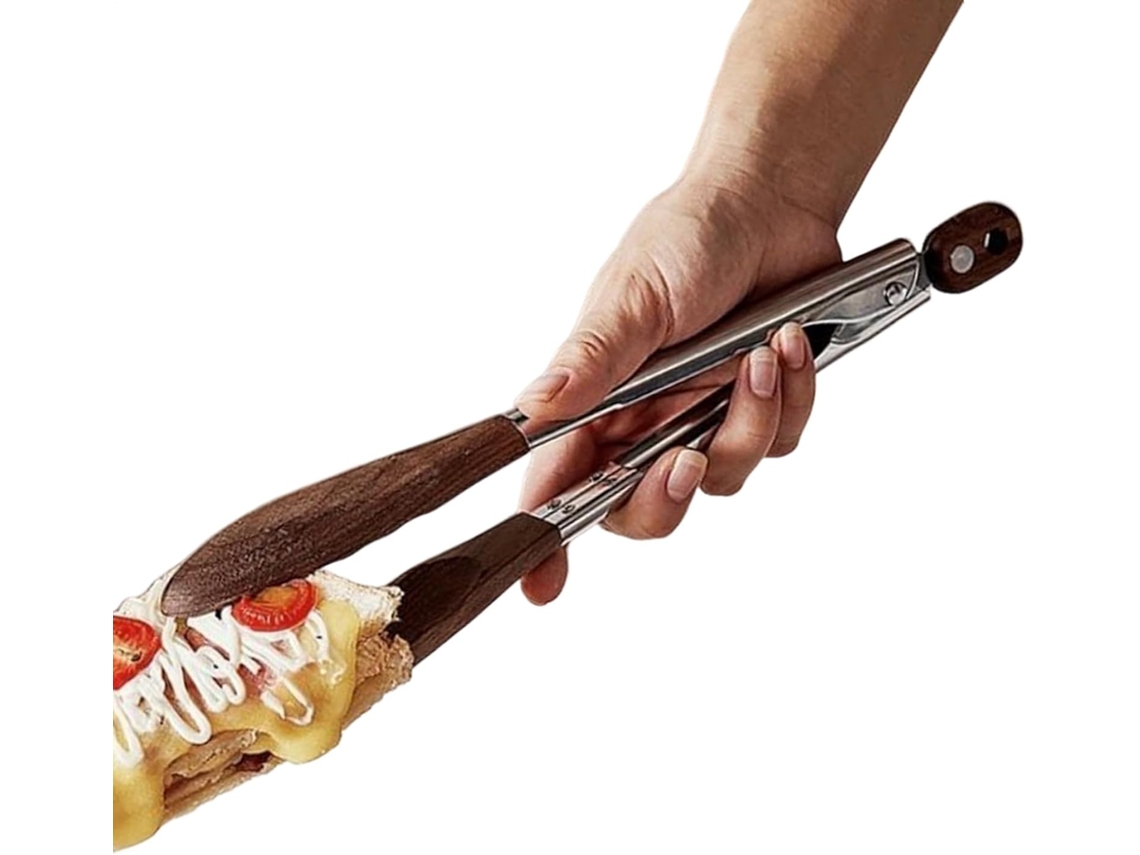 Pinça De Cozinha – 30cm Antiderrapante E Com Trava Madeira Para Grelhar, Saladas, Alimentos, Churrasco, Pão, Torradas