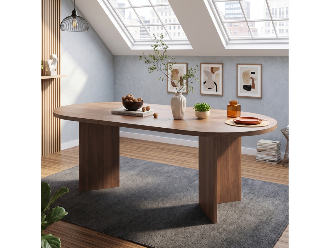 Mesa De Jantar 160×80cm Para 6-8 Pessoas, Cantos Arredondados, Tampo Espesso Tom Nogueira