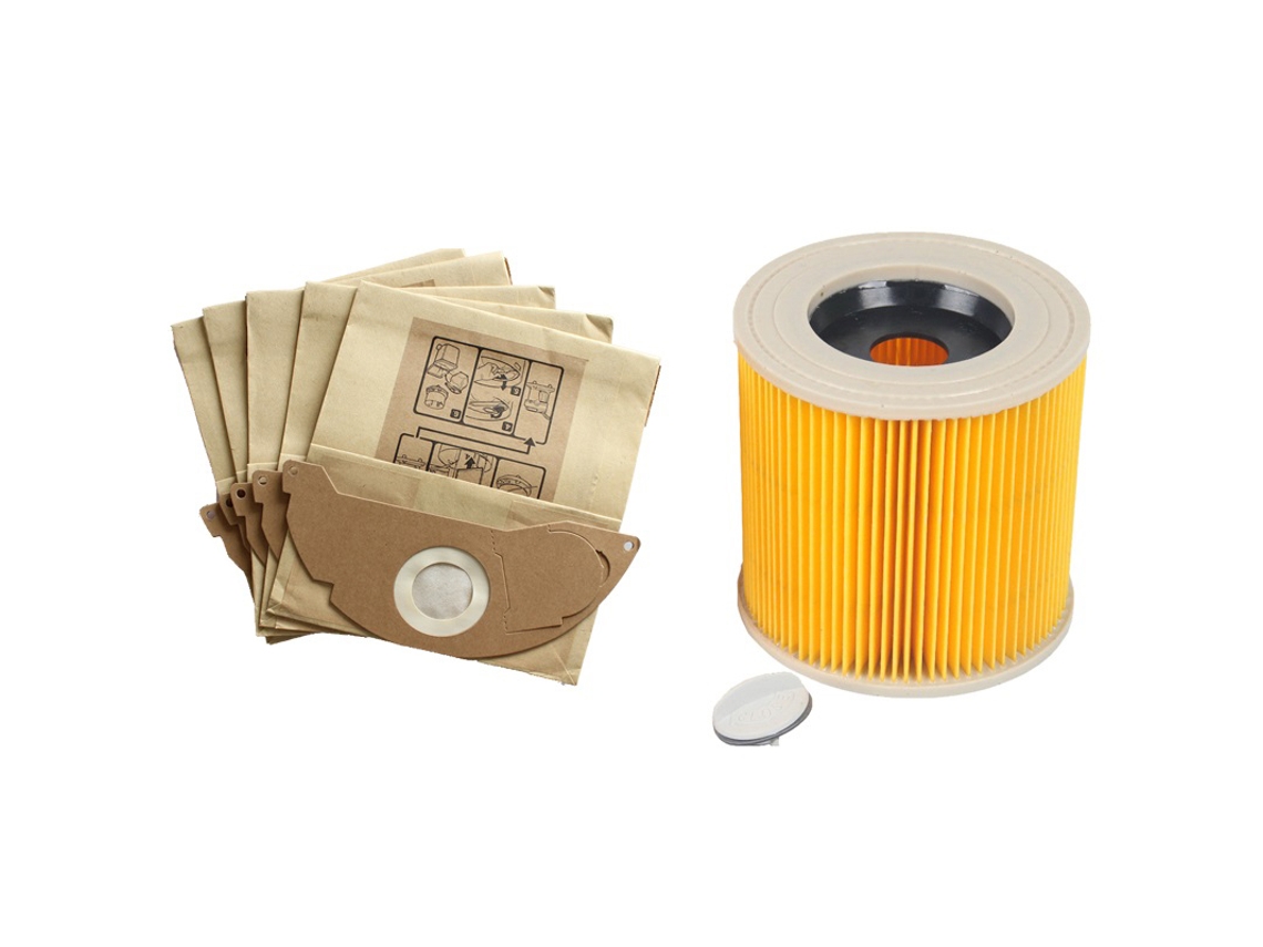 Acessório para Aspiradores KARCHER 1 un Filtros hepa + 5 un sacos papel cartucho Filtro hepa wd2250 wd3200 mv2 mv3 wd3