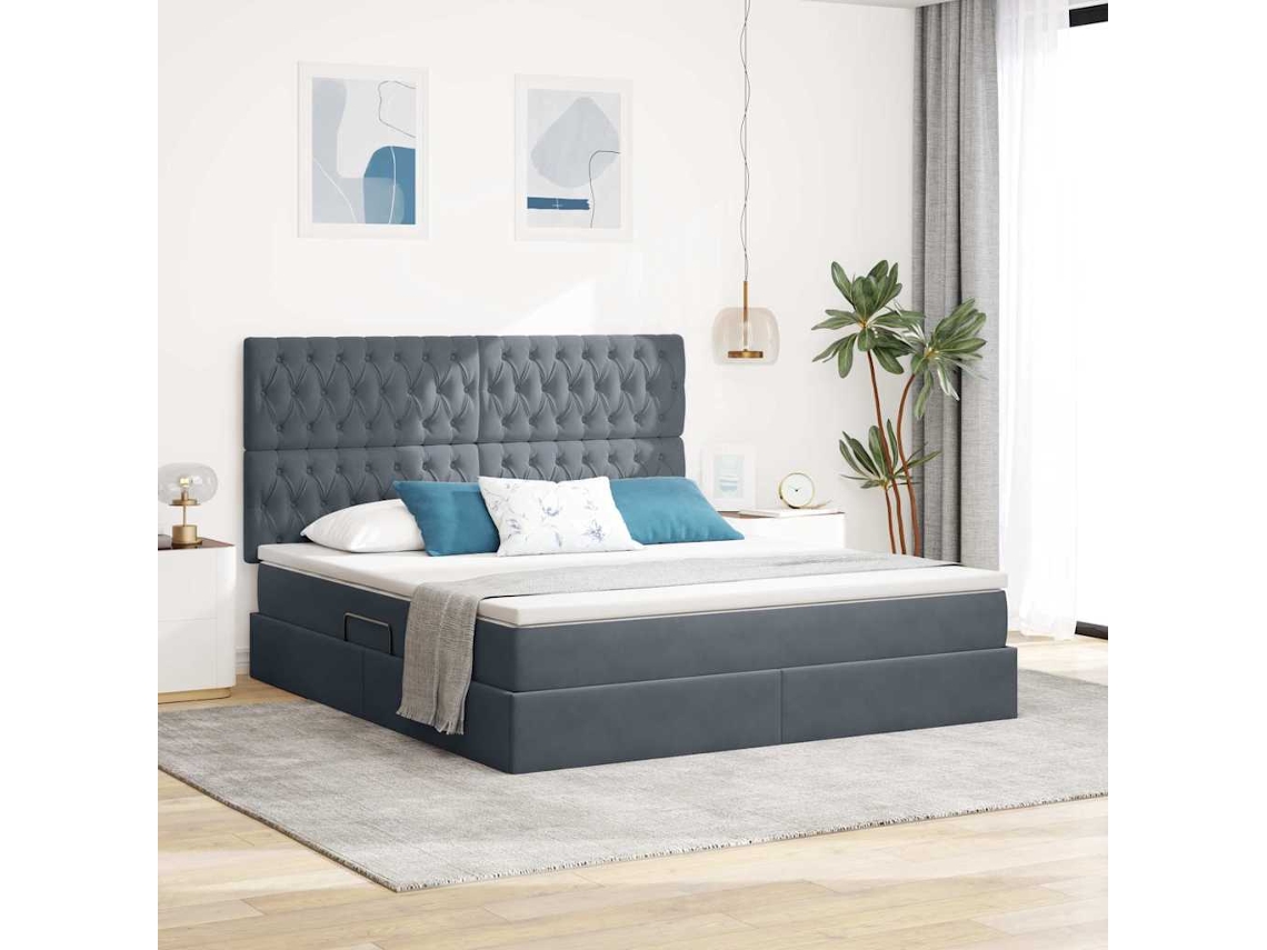 Vidaxl Cama Com Arrumação E Colchão Cinza Escuro 160 X 200 Cm Veludo