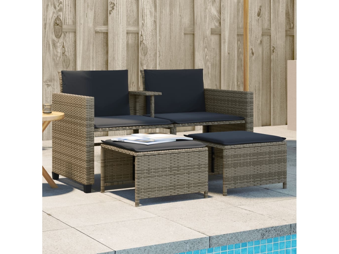 Vidaxl Sofá De Jardim De 2 Lugares Com Mesa E Bancos Vime Pe Cinzento