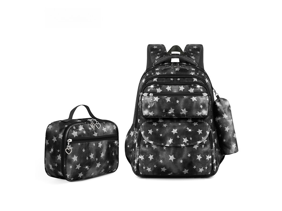 Mochila De Menina Para Menina Do Ensino Básico E Secundário, Conjunto Com Lancheiras Para Menina. Preto Hexinyigjly