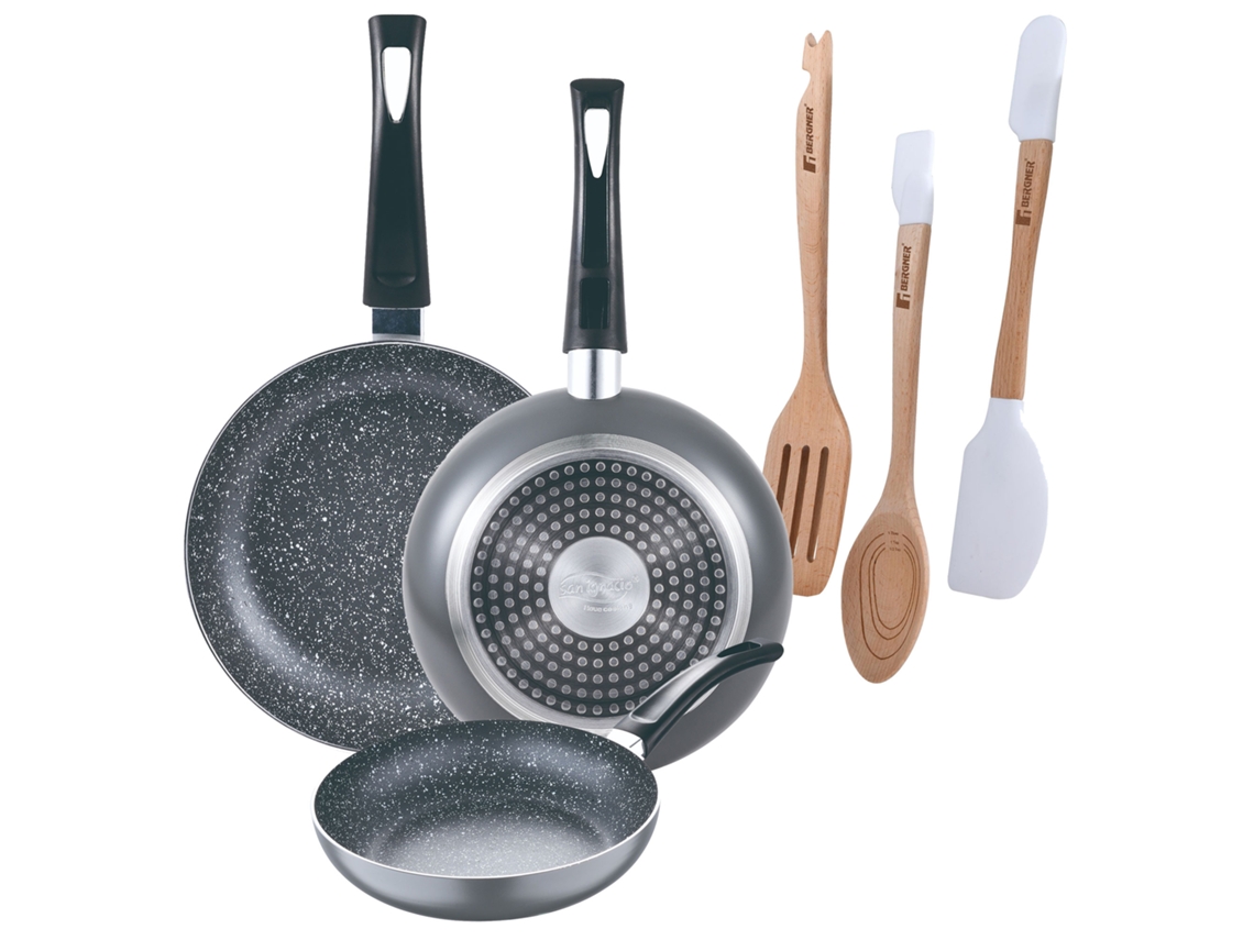 Jogo De 3 Frigideiras De Mármore Bergner Soul Ø16ø20ø24cm Com Utensílios De Cozinha