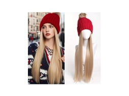 Chapéuperuca Gorro De Tricô Vermelho Com Cabelo Loiro Longo, Peruca De Cabeça Inteira Com Chapéu Igvtrade