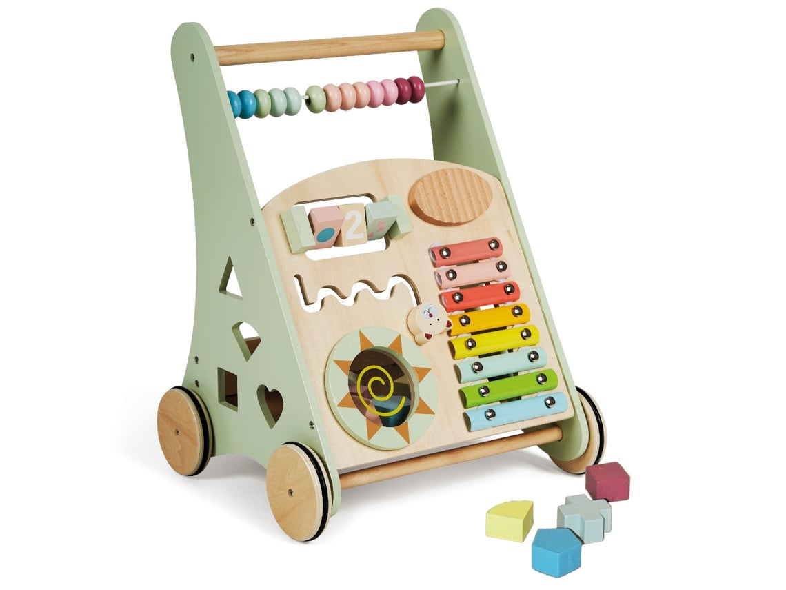 Montessori Andador de Bebê de Madeira Carrinho de Passeio para Primeiros Passos com Brinquedos e Atividades 12 Meses Laponia/Verde BUDDY BABY