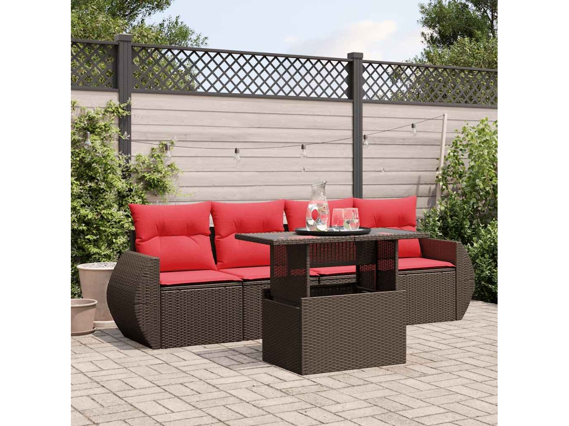 Vidaxl Conjunto De Sofá De Jardim De 5 Peças Com Almofadas Em Rattan Sintético Marrom