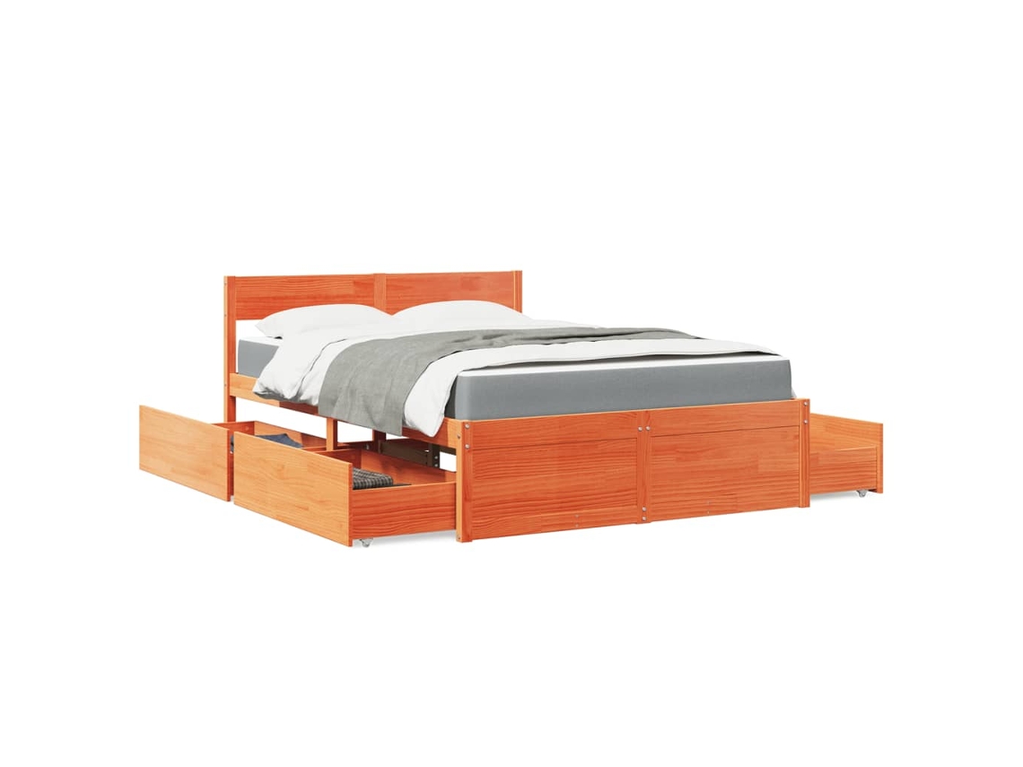 Vidaxl Cama Com Gavetas E Colchão 140x190 Cm Pinho Maciço Castanho-mel
