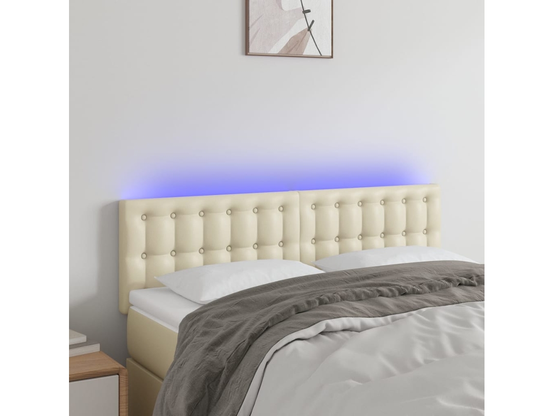 Vidaxl Cabeceira De Cama C/ Led 144x5x78/88 Cm Couro Artificial Creme