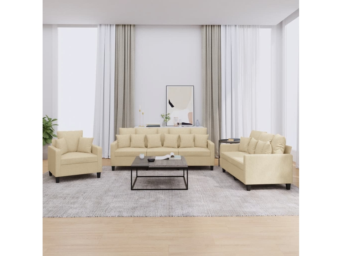 Vidaxl 3 Pcs Conjunto De Sofás Com Almofadas Tecido Cor Creme