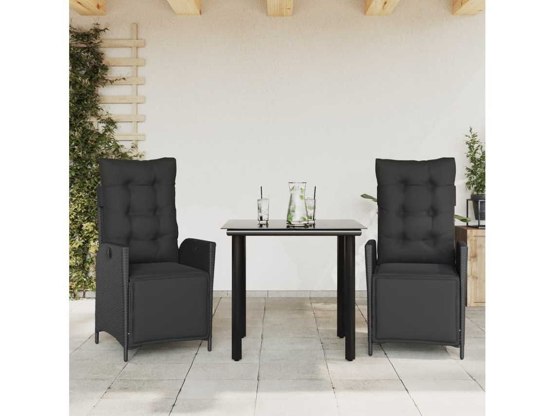 Vidaxl 3 Pcs Conjunto De Jantar P/ Jardim C/ Almofadões Vime Pe Preto