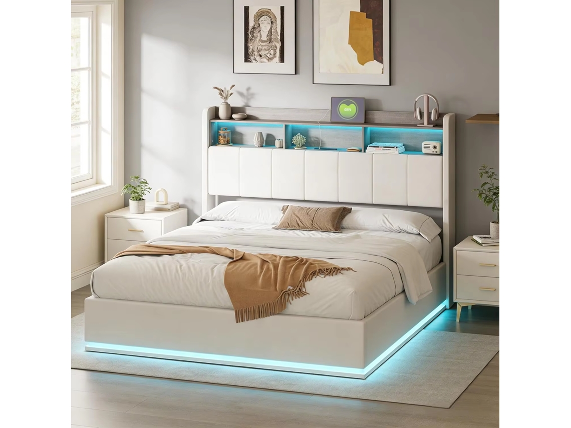 Cama hidráulica de armazenamento 140x190 cm, luz LED, cabeceira com estante, flanela bege | ROSAHQNDA