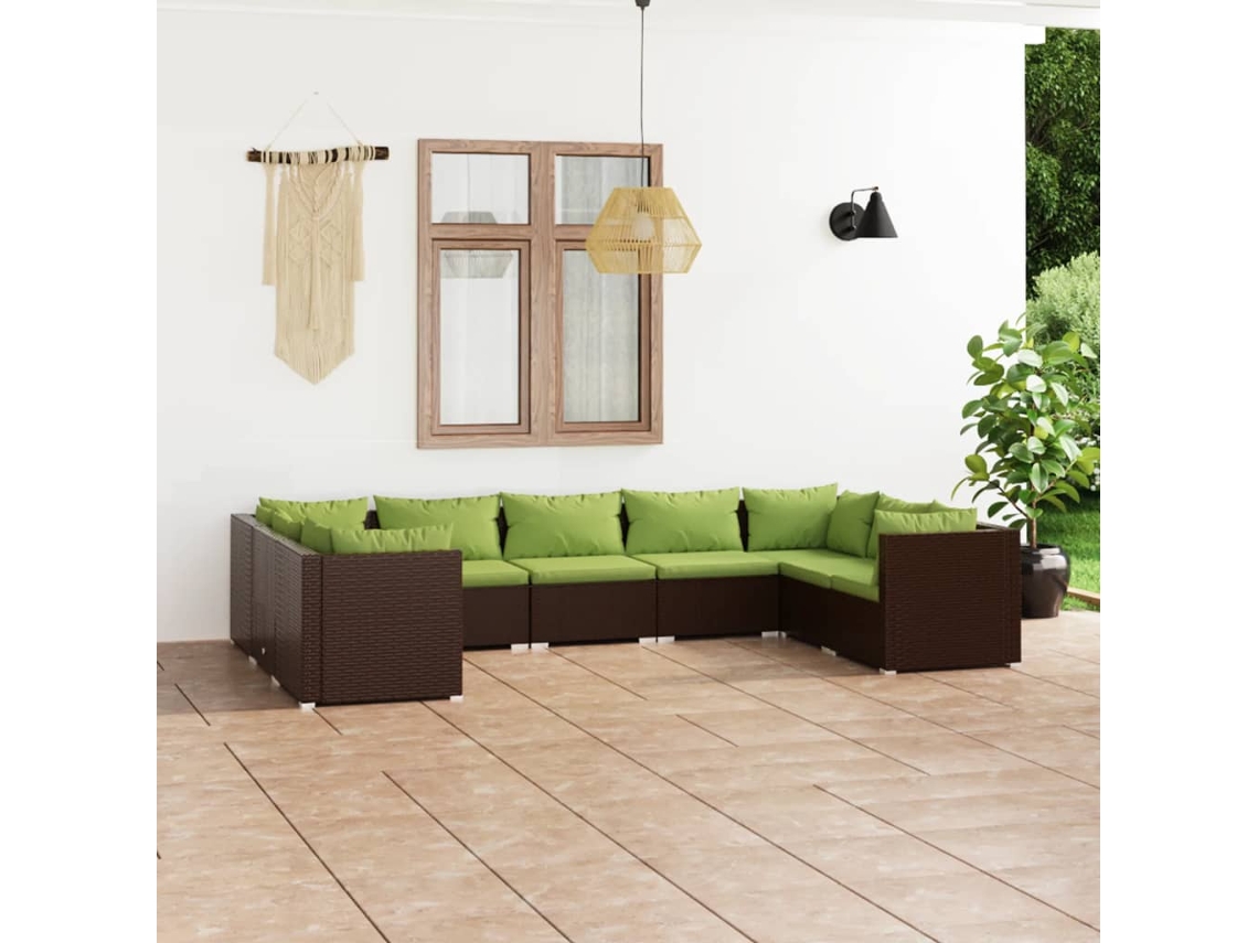 Conjunto 9 Peças Lounge De Jardim C/ Almofadões Vime Pe Marrom Dkd Home Decor