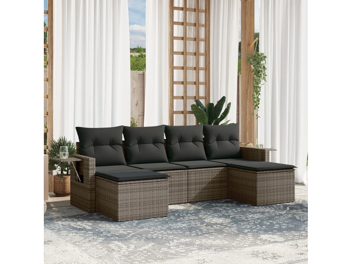Vidaxl 6 Pcs Conjunto Sofás De Jardim Com Almofadões Vime Cinzento