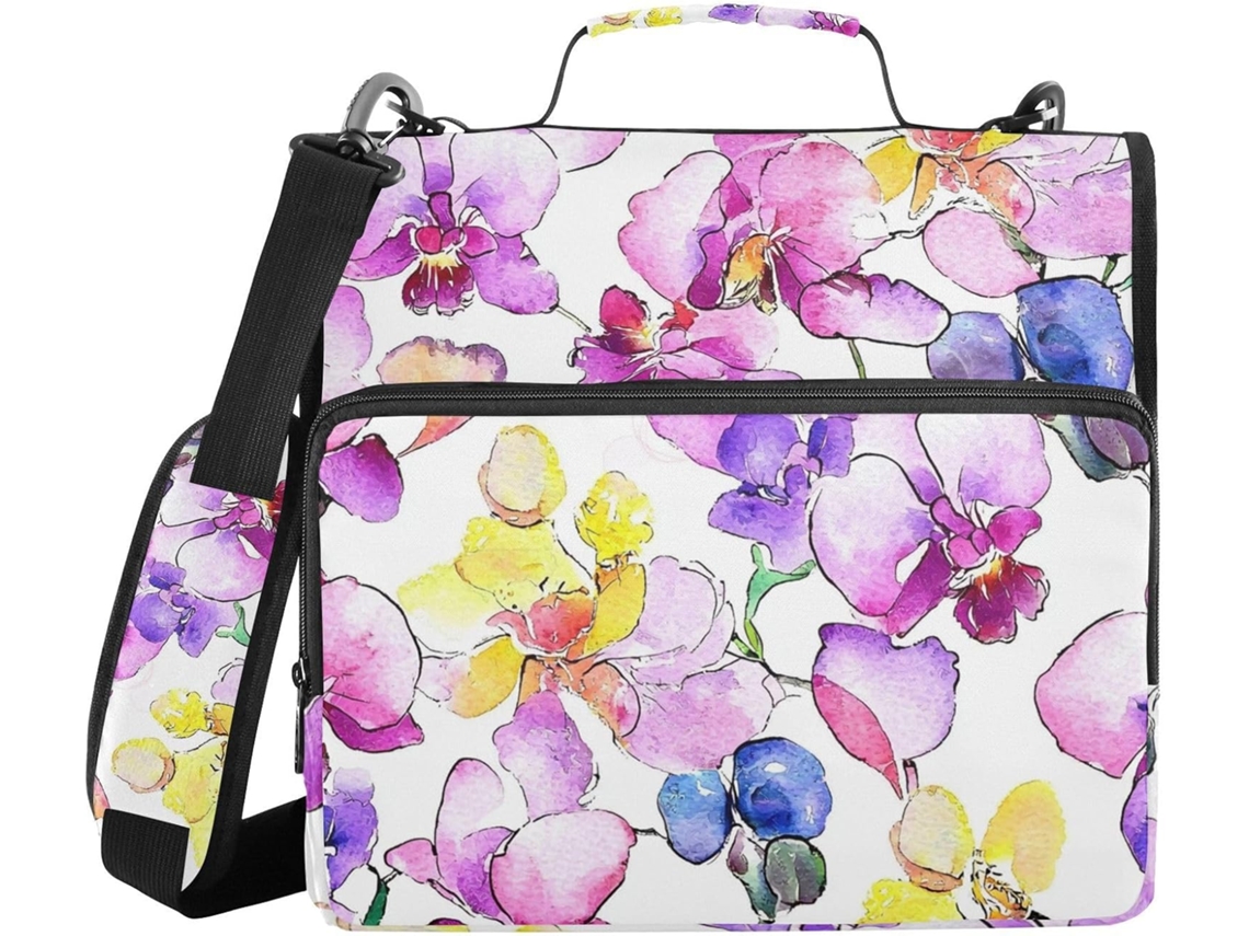 Pasta organizadora de 3 argolas com estampa de orquídea selvagem, grande capacidade, ideal para estudantes.