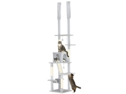 Árvore Para Gatos Do Chão Ao Teto, Altura Ajustável De 225 A 255 Cm, 6 Níveis Com Rede E Toca, Cinza Claro.