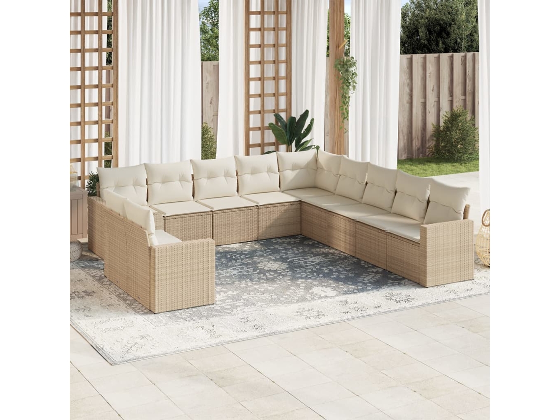 Vidaxl 11 Pcs Conjunto Sofás De Jardim C/ Almofadões Vime Pe Bege