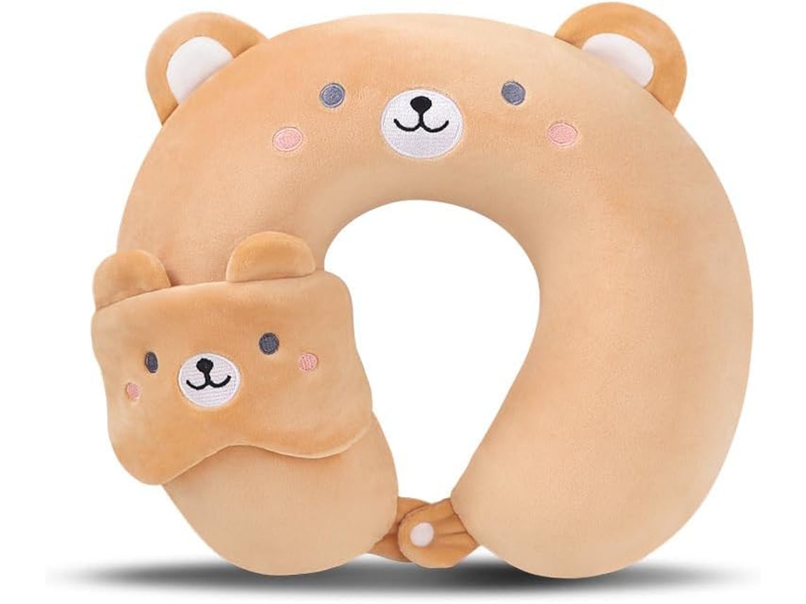 Travesseiro de viagem de espuma viscoelástica Slowmoose Kids com máscara de dormir (urso marrom)
