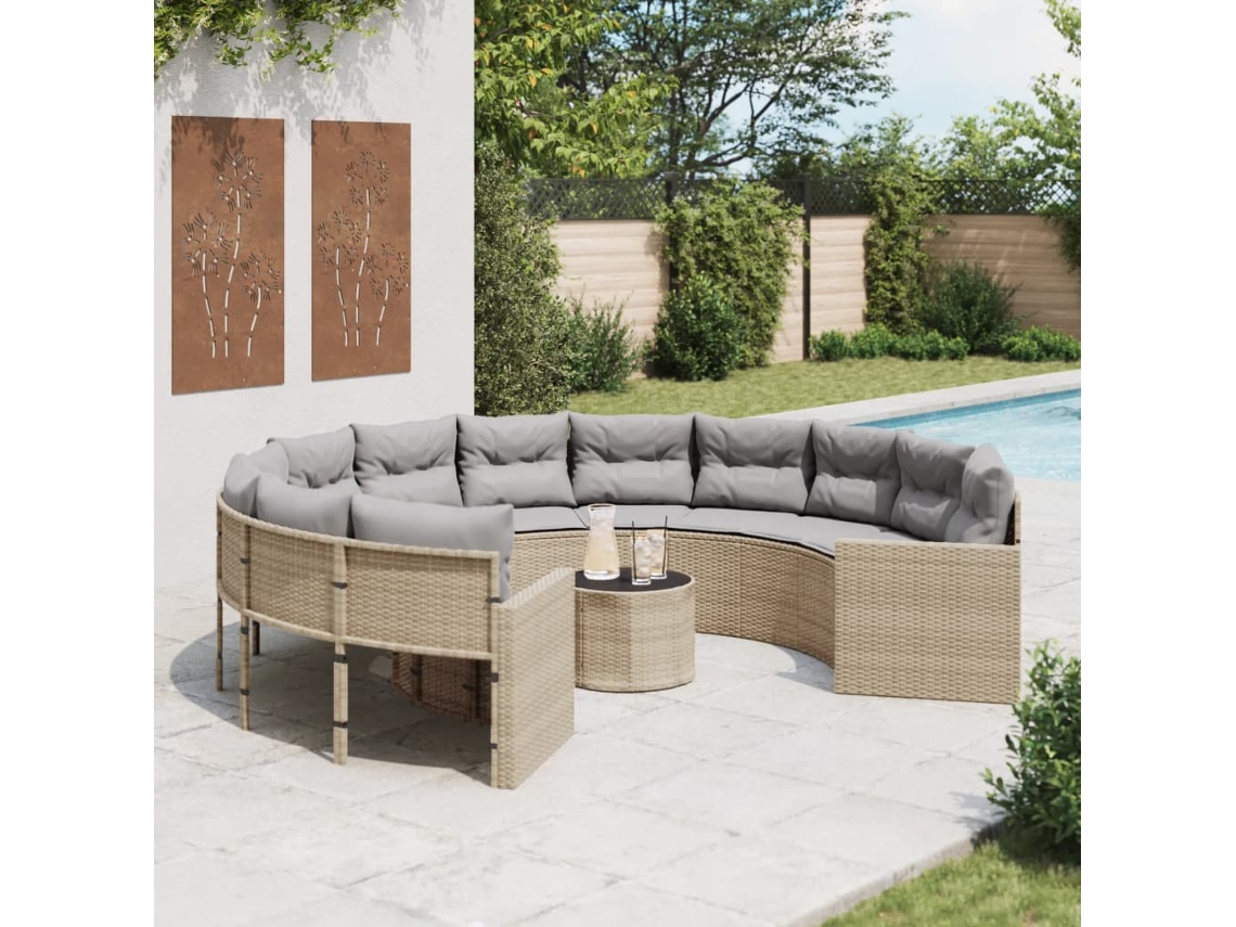 Vidaxl Sofá De Jardim Com Mesa E Almofadões Redondo Vime Pe Bege