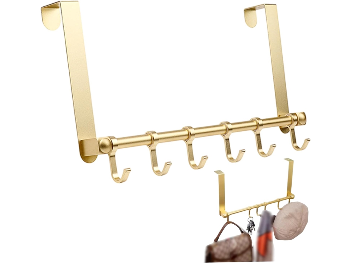 Organizador De Porta, Ganchos Porta, Cabide De Alumínio Dourado Com 6 Ganchos Deslizantes, Cabide Anodizado