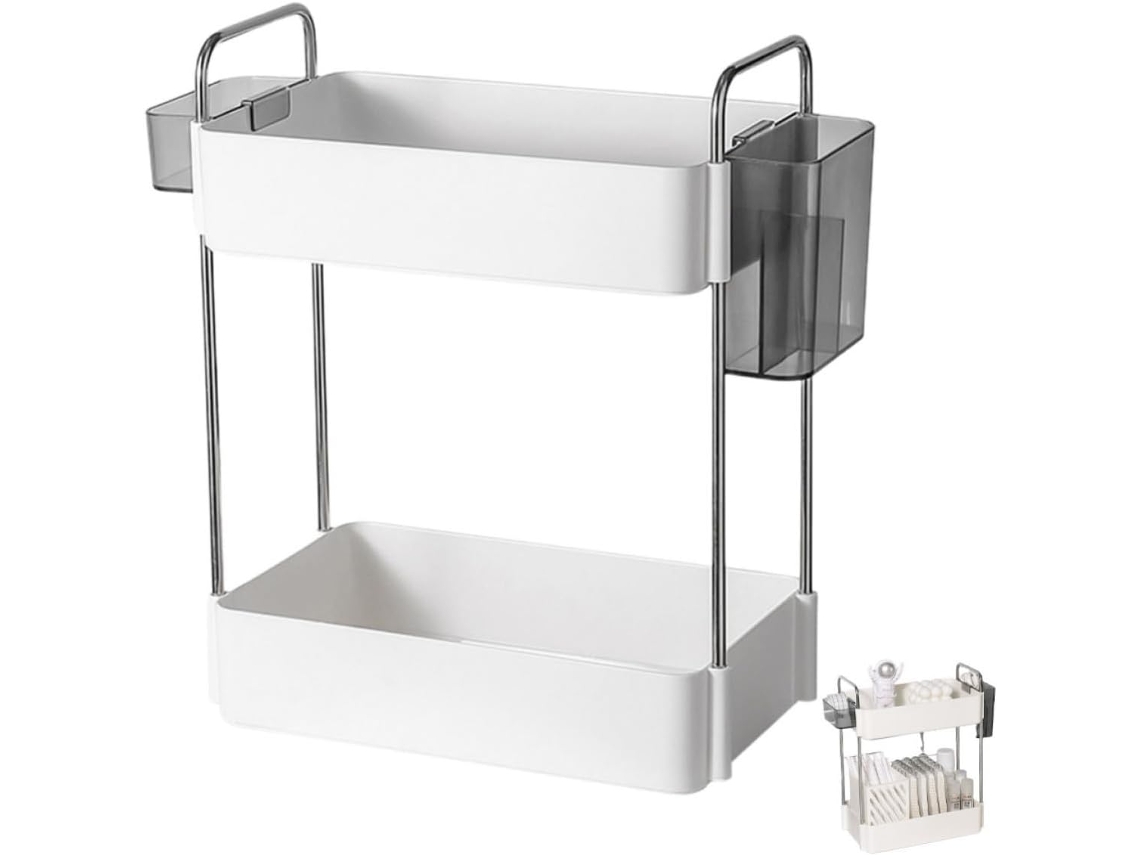 Prateleira De Armazenamento Bancada Em Plástico Com Design Dupla Camada, Firme E Resistente, Ideal Para Banheiro E