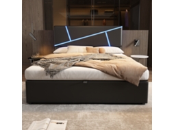 Cama Casal Estofada 140x200 Cm Com Led, Estrado De Ripas, Cabeceira, Arrumação Hidráulica E Revestimento Pu Preto