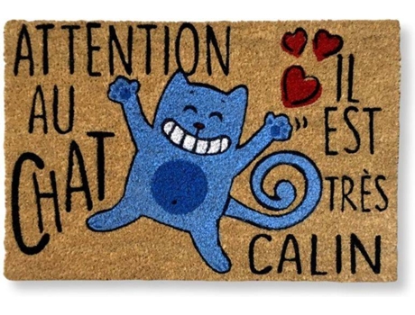 Tapete de Entrada KOKO DOORMATS Attention Au Chat (Castanho - 60 x 40 x 1.50 cm - Fibra de Coco e Base de PVC)