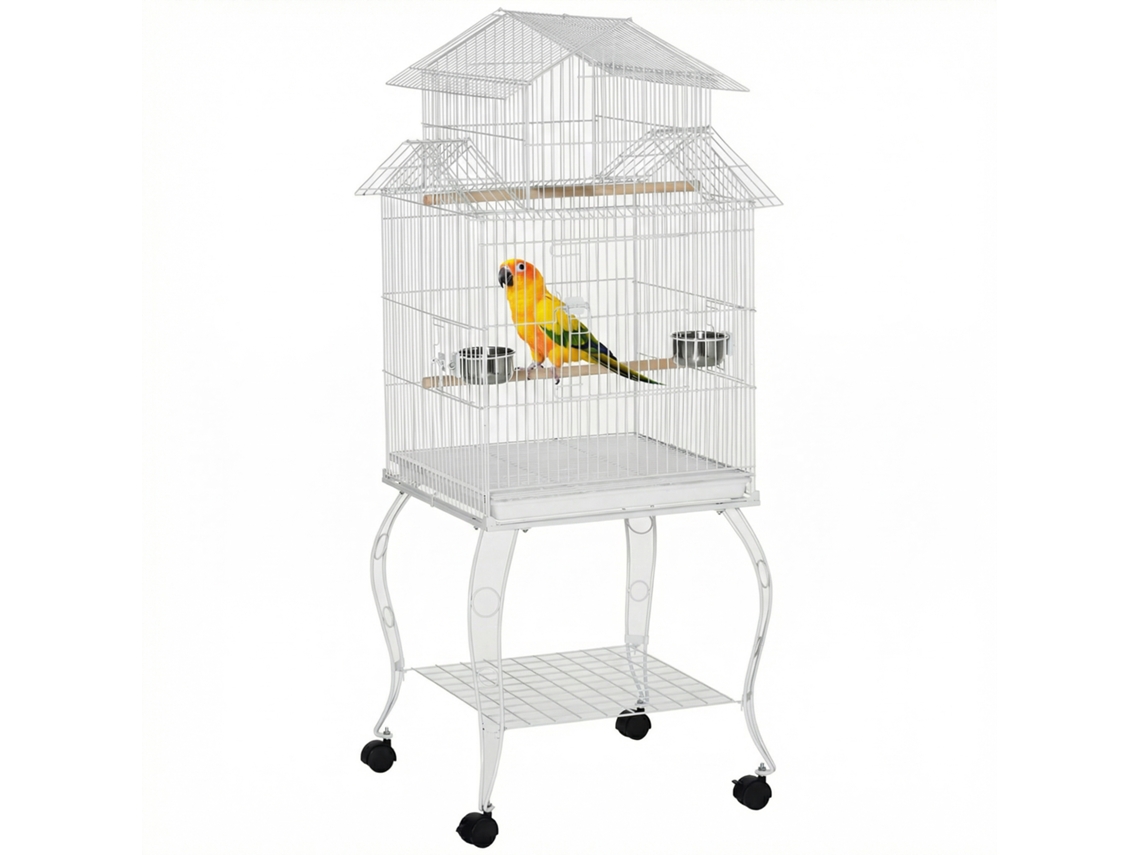 Gaiola Pássaros para com Rodas Bandeja Amovível Portas Comedouro Poleiro e Prateleira Inferior 50x49x137cm Branco