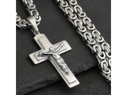 2026 collar de Cruz de Jesus de Aço Inoxidável com Cadeia Longa Bizantina para Homens Joiaria Cristã Crucifixo