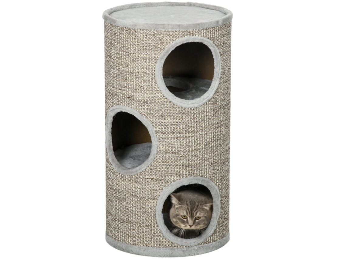 Barril Arranhador 3 Níveis Sisal Pelúcia Ø38x70 Cm Cinza