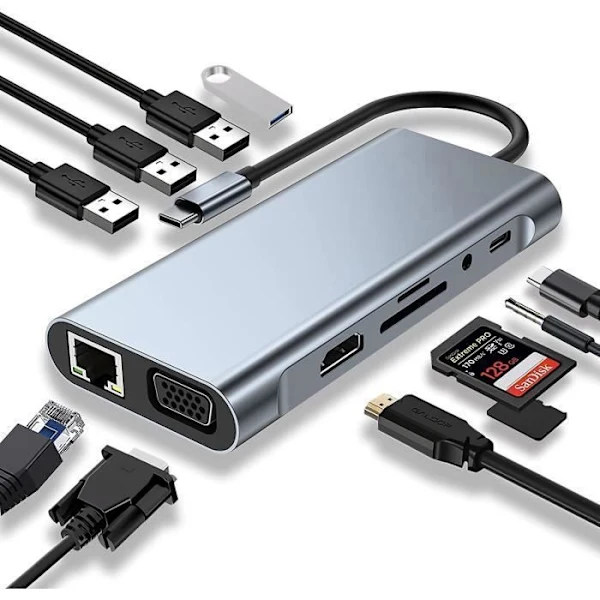 Estação de acoplamento USB-C, hub 11 em 1, HDMI 4K, VGA, USB 3.0, USB-C, porta PD, Ethernet RJ45, AQUAFORGE