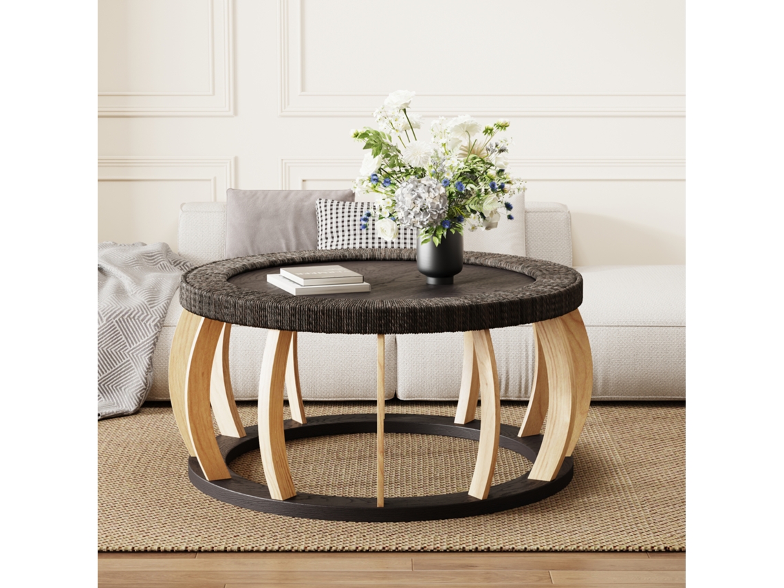 Mesa De Centro Redonda De 90 Cm - Rattan E Madeira Maciça, Pernas Curvas Em Estilo Boho - Preto E Marrom