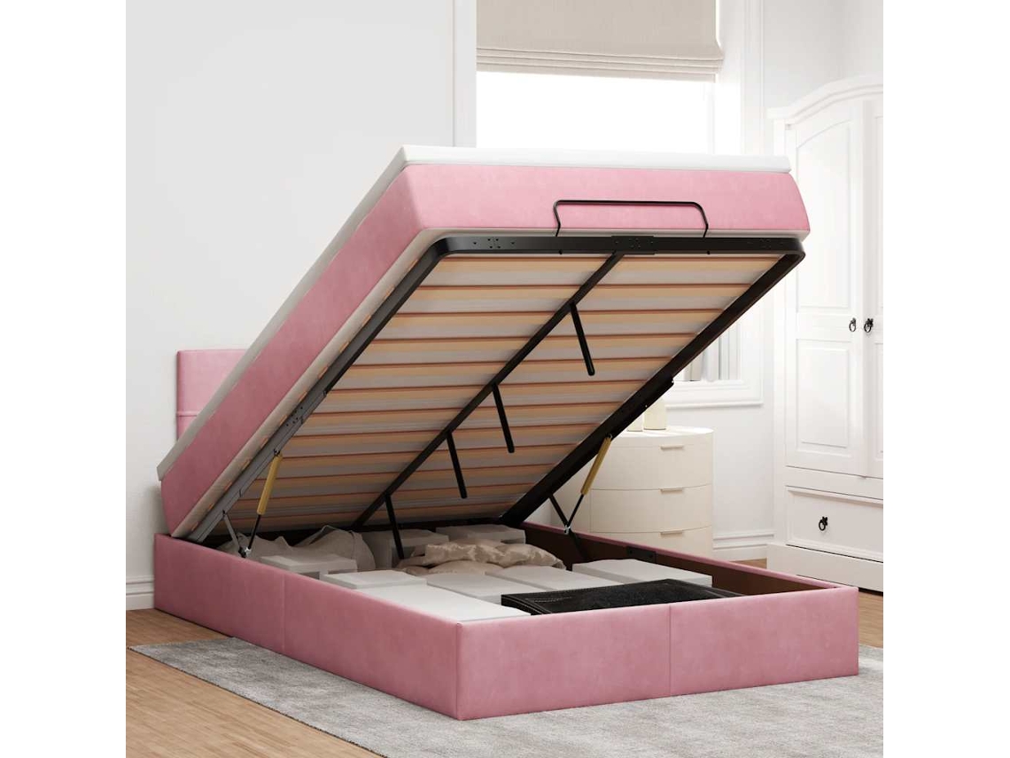Vidaxl Cama Otomana Com Colchão Leds 120x190cm Veludo Rosa