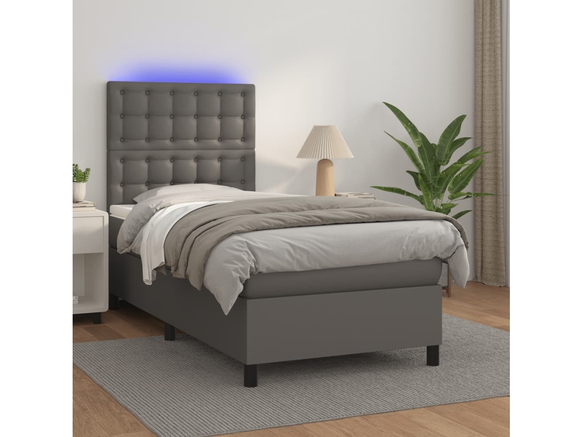 Vidaxl Cama Box Spring C/ Colchão/led 90x200 Cm Couro Artificial Cinza