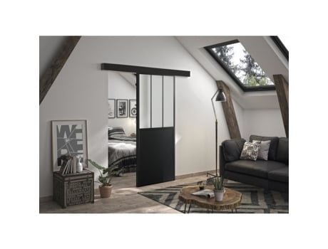 Porta De Correr Calha Kit De Faixa De Oficina A 204 X L 93 X P 4 Cm Vidro Fosco Preto Optimum