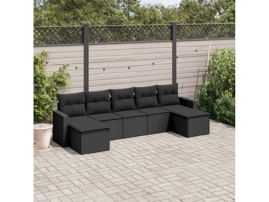 Vidaxl 7 Pcs Conjunto De Sofás P/ Jardim C/ Almofadões Vime Pe Preto