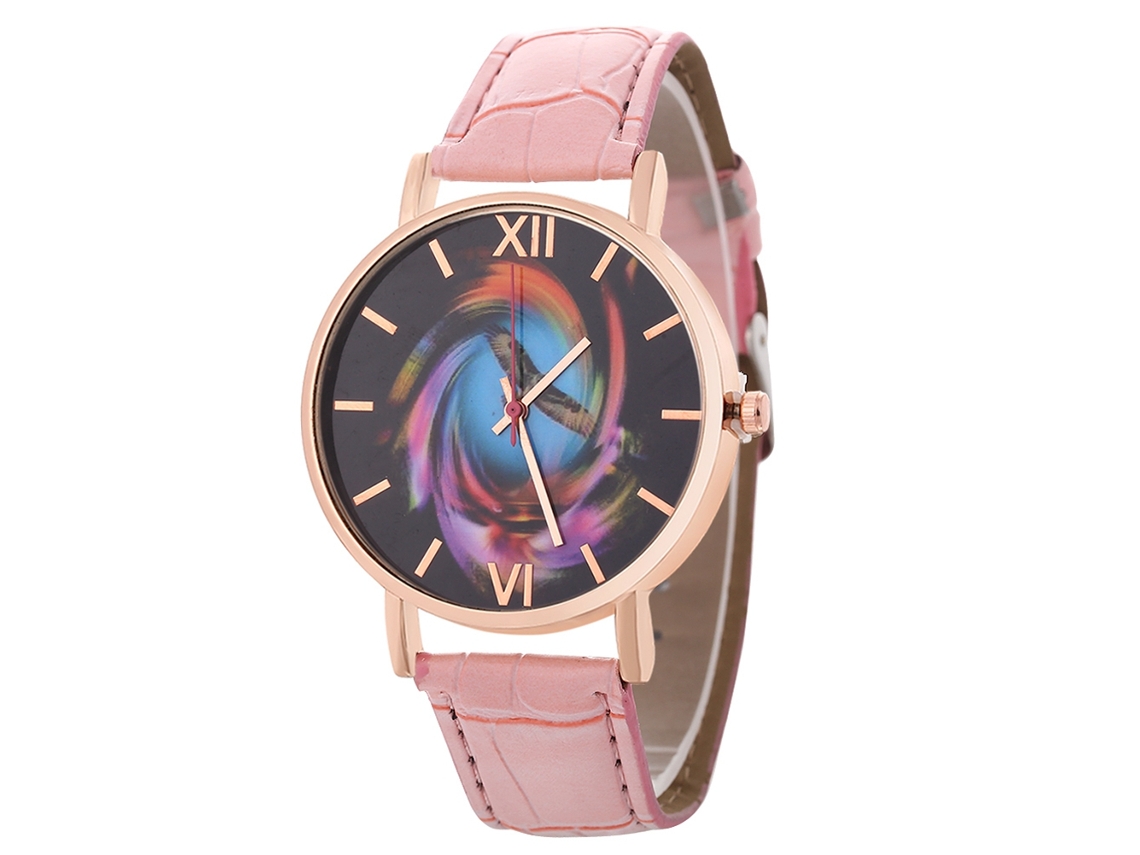 Relógio feminino coreano Zhoulianfa T0138-z com pulseira de couro e movimento de quartzo rosa.