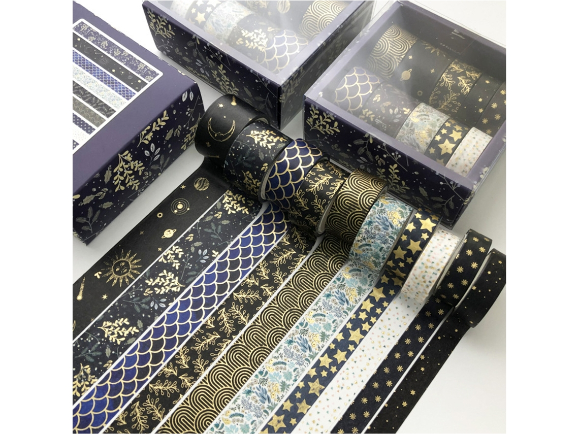 Conjunto de 10 rolos de fita washi preta com design dourado e prateado da Slowmoose